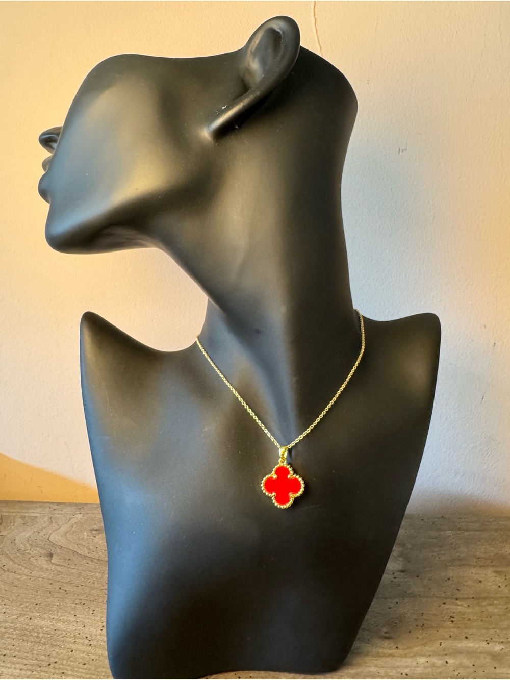 Gold Tone Chain Necklace with Red Clover Pendant